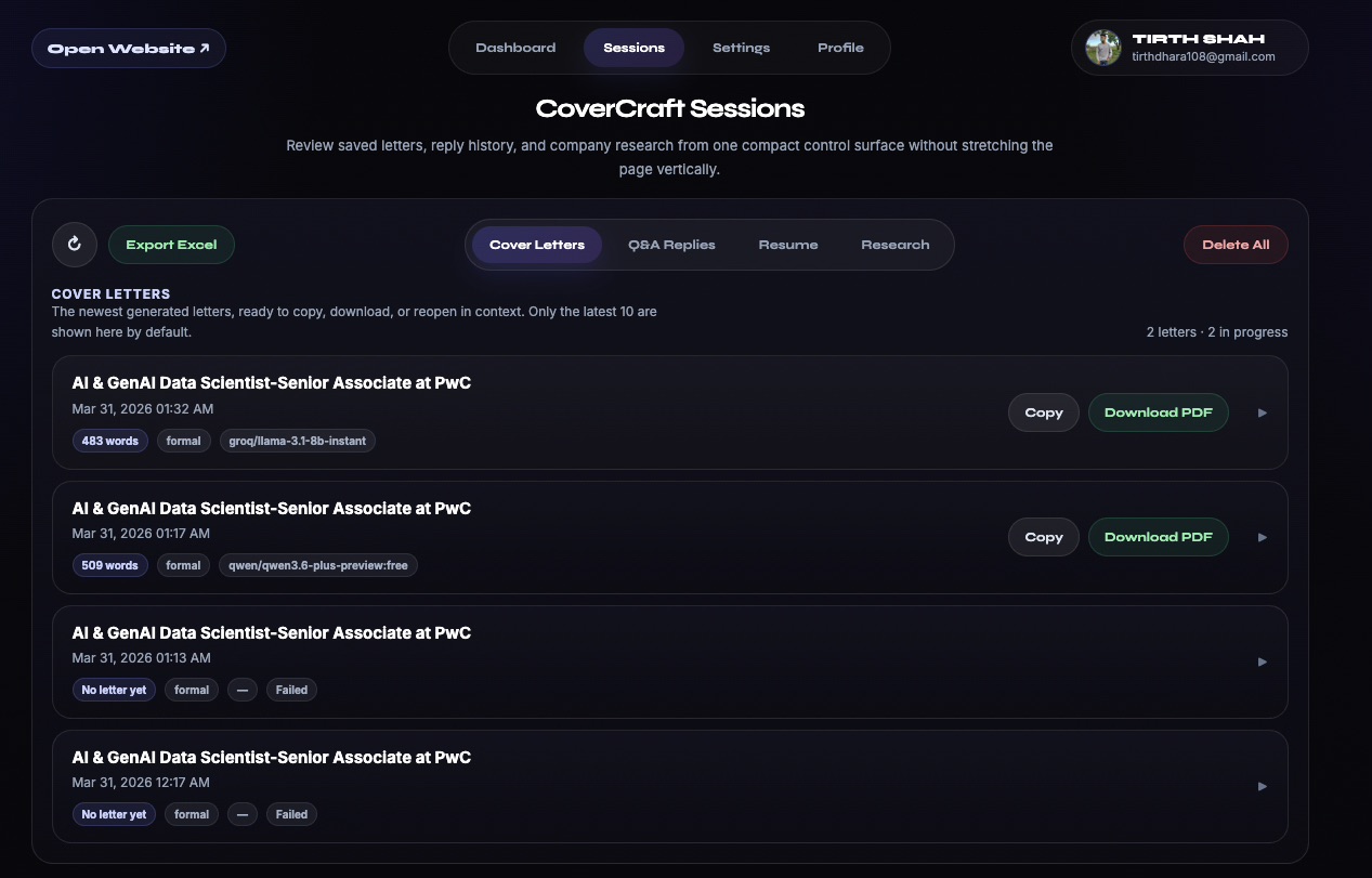 CoverCraft sessions view