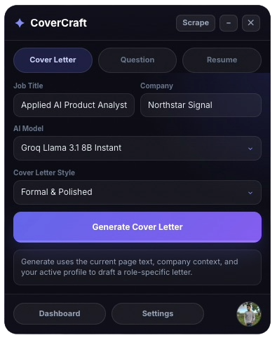 CoverCraft cover letter workspace