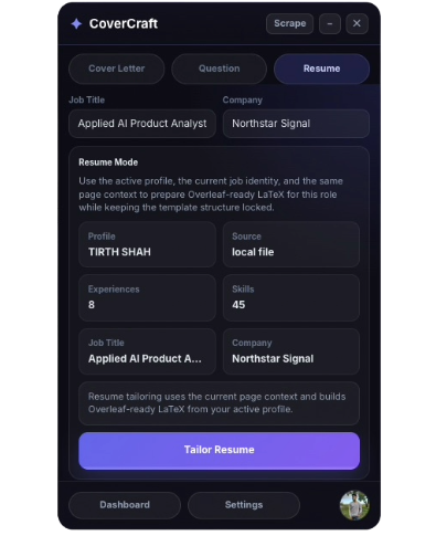 CoverCraft resume workspace