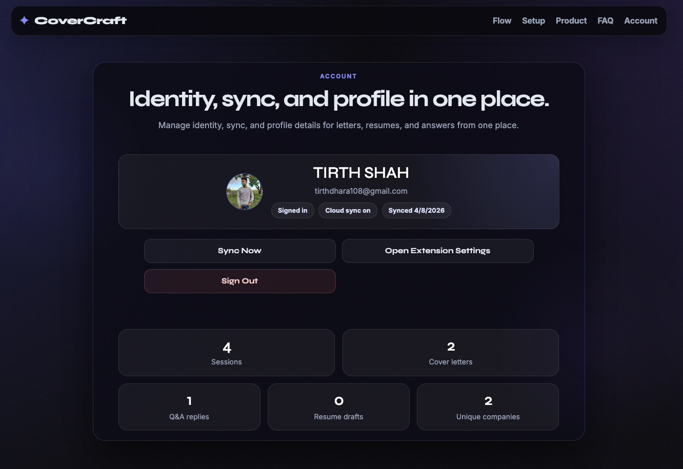 CoverCraft website account overview